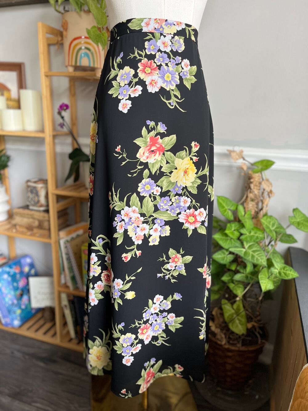 Vintage 90s Floral Maxi Skirt Black Spring Summer Size 10 Medium